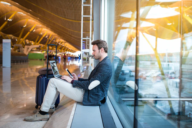 man-sitting-airport-using-laptop-mobile-phone-window_