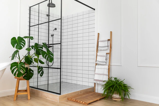 
bathroom-interior-design-with-shower and indoor plants