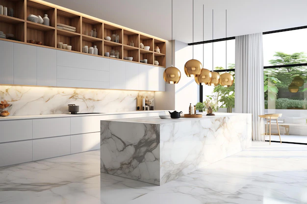 kitchen-with-white-marble-island-with-gold-globes-hanging-from-ceiling_