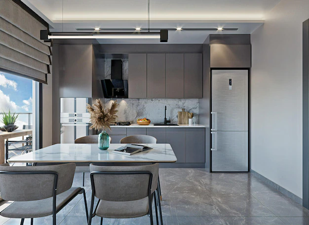 modern-home-interior-with-black-fitted-kitchen-dining-room-with-gray-chairs-white-table